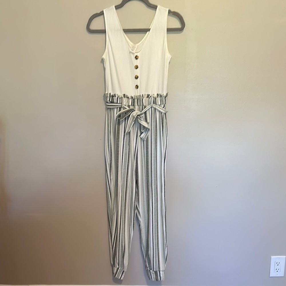 Derek Heart White and Gray Jumpsuit with Striped Pants